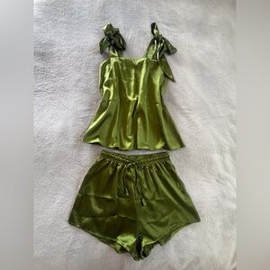 Elegant Olive Green Satin Top and Shorts Set Size S